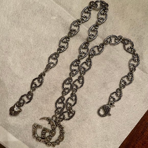 NWT/B~GUCCI~GG Marmont Crystal Aged Silver Necklace - Picture 3 of 9